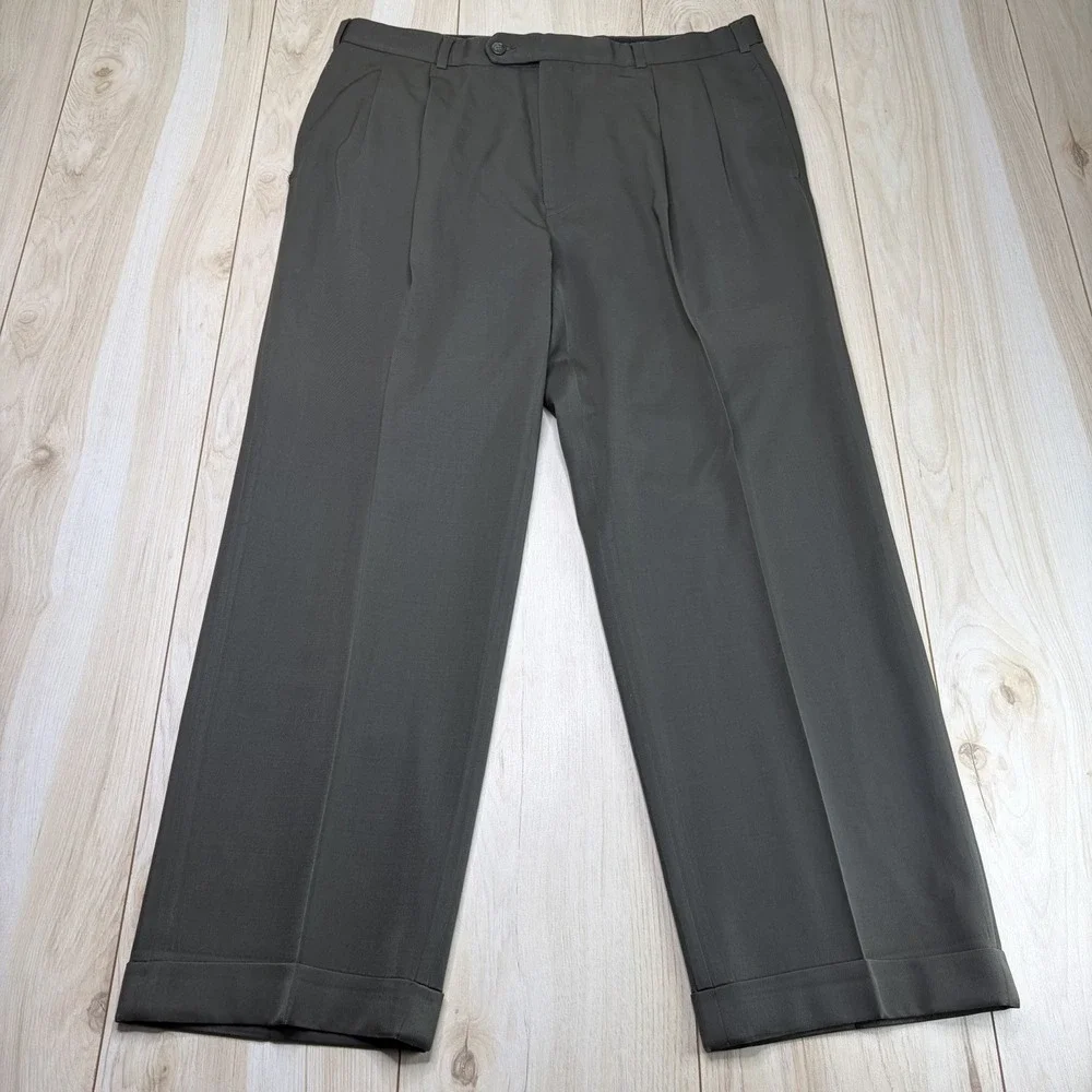 Brooks Brothers Wool Double Pleated Dress Pants Mens 36x28 Dark Green
